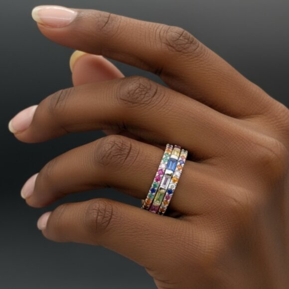 .925 Sterling Silver Multicolor Gemstone Eternity Band Rings - Picture 5 of 6